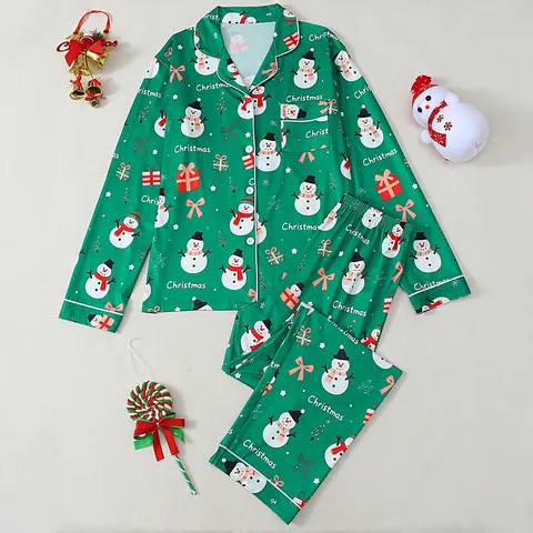 Women Christmas Snowman Print Pajama Set Lapel Long Sleeve Button Down Top And Bottom Loungewear Festive Sleepwear Set