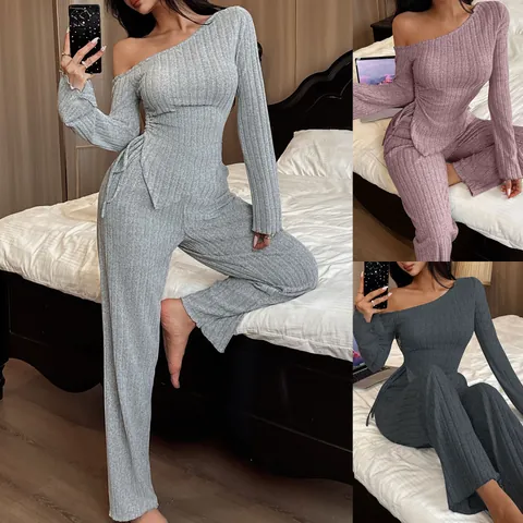 Women Sexy Off Shoulder Long Sleeve Top And Pants Pajama Set Ribbed Knit Irregular Hem Two Piece Loungewear Set For Autumn Winter