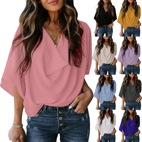 Women Casual Chiffon Blouse Loose V-neck Short Sleeve Top Solid Color Elegant Pleated Cowl Neck Streetwear Office Shirt