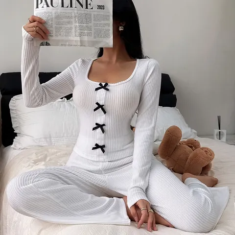 Women's Ribbed Knit Pajama Set Bowknot Thick Homewear Long Sleeve Top And Bottom Leisure Lounge Set Solid Ribbed Pajamas