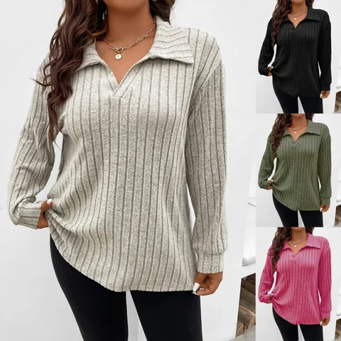 Damen Übergröße Casual Langarm T-Shirt V-Ausschnitt Revers Gerippt Gebürstetes Polyester Oberteil Einfarbig Lockerer Schnitt