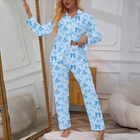 Women's Western Style Pajamas Set Bowknot Heart Printed Top And Bottom Lapel Long Sleeve Sleepwear Home Wear Nightwear