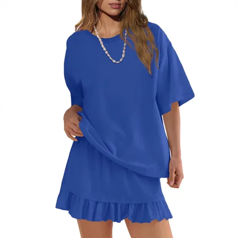 Women Casual Solid Color Two Piece Set Short Sleeve Round Neck Top And Ruffle Skirt Summer Loungewear Knitted Outfit