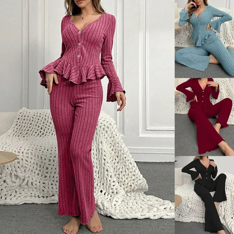 Women's V-Neck Loungewear Set Ribbed Knit Flare Sleeve Ruffle Cardigan Top And Bottom Pajama Set For Home Leisure Winter Autumn