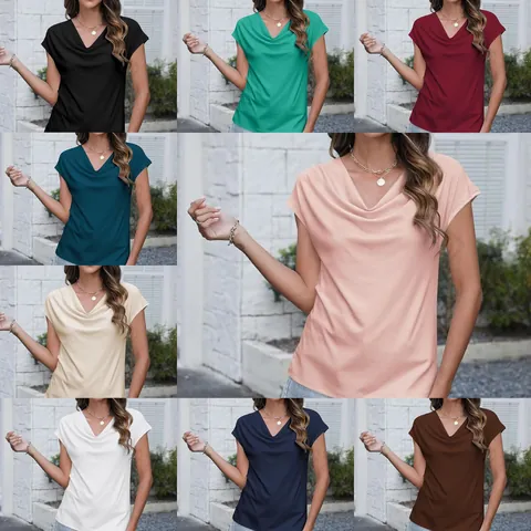 Women Casual Cowl Neck Short Sleeve T-Shirt Summer Solid Color Slim Fit Pleated Polyester Top Commuter Fashion