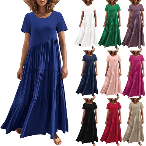 Damen Casual Polyester Gestuftes Maxi Kleid Rundhalsausschnitt Kurzarm Asymmetrisch Boho Strand Urlaub Lockeres Langes Kleid