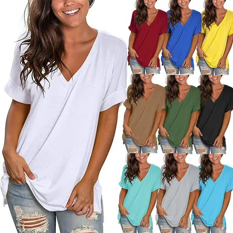 Γυναικείο Καλοκαιρινό Casual T-Shirt με Λαιμόκοψη V και Κοντό Μανίκι Χαλαρή Εφαρμογή Πλευρικά Σχισίματα Μονόχρωμη Μπλούζα
