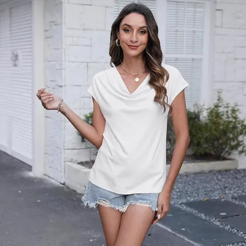 Women Casual Cowl Neck Short Sleeve T-Shirt Summer Solid Color Slim Fit Pleated Polyester Top Commuter Fashion