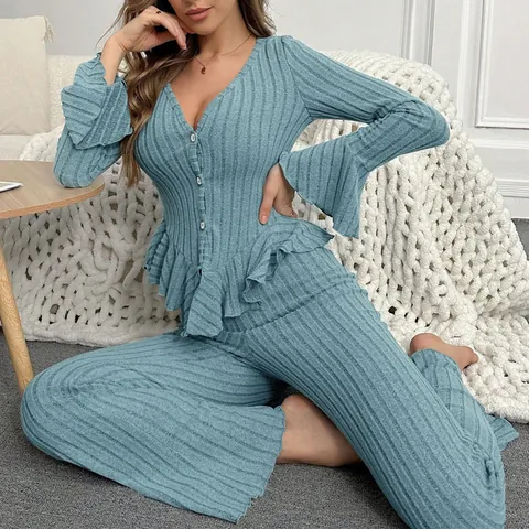 Women's V-Neck Loungewear Set Ribbed Knit Flare Sleeve Ruffle Cardigan Top And Bottom Pajama Set For Home Leisure Winter Autumn