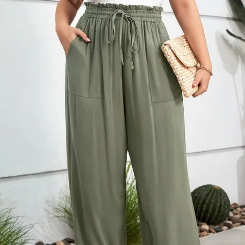 Women Plus Size Casual Straight Leg Pants Acetate Knitted Elastic Waist Loose Trousers Pockets Streetwear Fashion Bottom