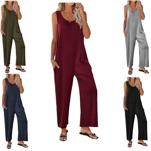 Women Casual Sleeveless Solid Color Jumpsuit Loose Straight Wide Leg Suspender Romper With Pockets Summer Top And Bottom