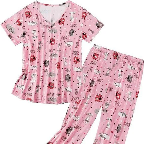 Γυναικείο Τυπωτό Σετ Πυτζάμας Top And Bottom Loungewear με Κοντό Μανίκι και Λαιμό V Θέμα Χριστούγεννα Halloween Γάτα Διάστημα