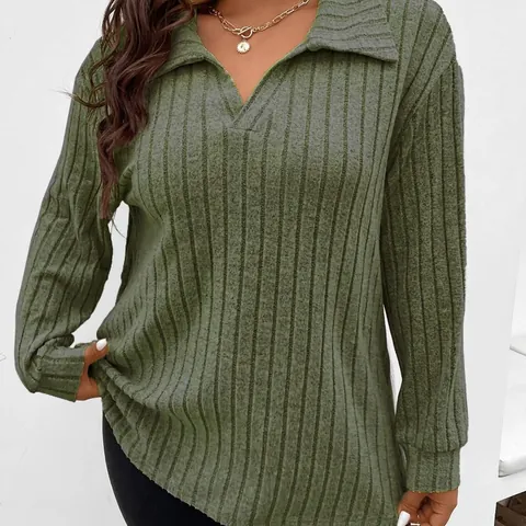 Damen Übergröße Casual Langarm T-Shirt V-Ausschnitt Revers Gerippt Gebürstetes Polyester Oberteil Einfarbig Lockerer Schnitt