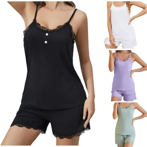 Women Ribbed Loungewear Set Lace Trim Camisole And Shorts Sleepwear Two Piece Comfortable Casual Home Wear Top And Bottom