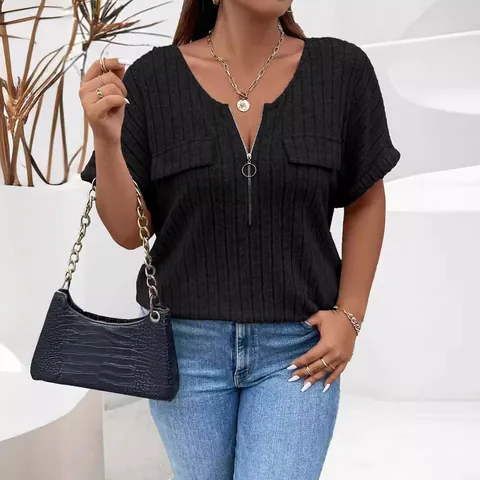 Dames Grote Maat Geribbelde V-hals Rits T-Shirt Casual Korte Mouw Effen Kleur Top Met Decoratieve Zakken Grote Maat Kleding