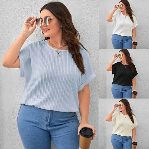 T-Shirt Grande Taille pour Femme Couleur Unie Manches Courtes Polyester Texture à Nervures Col Rond Décontracté Été Haut Ample