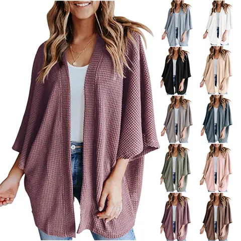 Women Waffle Knit Cardigan Open Front Loose Fit Three Quarter Sleeve Solid Color Casual Sweater Top