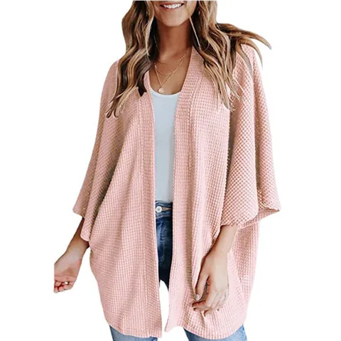 Women Waffle Knit Cardigan Open Front Loose Fit Three Quarter Sleeve Solid Color Casual Sweater Top