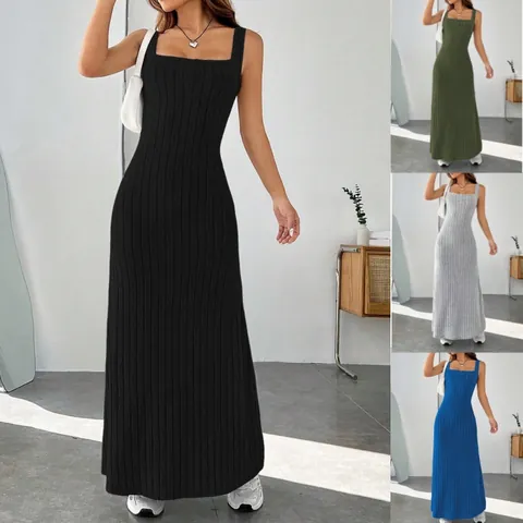 Women's Sexy Square Neck Ribbed Maxi Dress Slim Fit Sleeveless Cami Sundress Summer Casual Solid Color Bodycon Long Dress