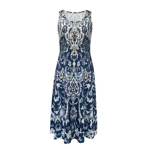 Robe Midi Femme Sans Manches Imprimé Floral Polyester Élasthanne Col en U Taille Haute Coupe en A Boho Plage Mode Bleu Marine Été Soleil