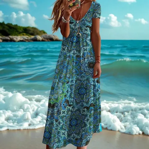 Women Short Sleeve V Neck Mandala Print Maxi Dress Summer Patchwork Printed Bohemian A-Line Party Casual Dress Top And Bottom
