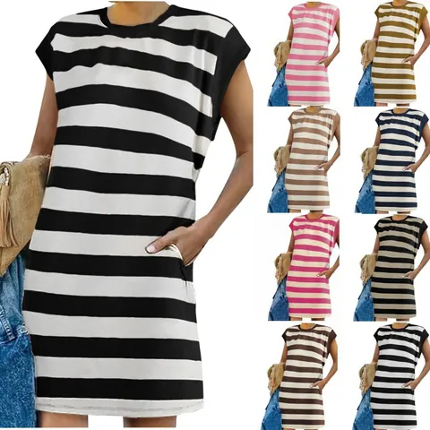 Women Casual Striped Sleeveless Tank Dress Summer Polyester Spandex Crew Neck Mini Dress With Pockets Straight T-Shirt Dress