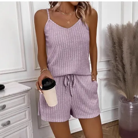 Women's Ribbed Knit V-Neck Cami Top And Bottom Shorts Casual Loungewear Sleeveless Summer Pajamas Light Purple