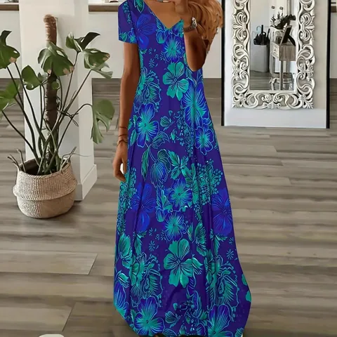 Women Casual Floral Print V Neck Short Sleeve Maxi Dress Plus Size Fashion Elegant Polyester Spandex Long Dress For Daily Party
