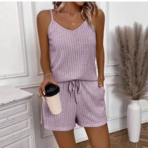 Women's Ribbed Knit V-Neck Cami Top And Bottom Shorts Casual Loungewear Sleeveless Summer Pajamas Light Purple