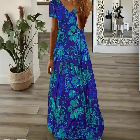 Women Casual Floral Print V Neck Short Sleeve Maxi Dress Plus Size Fashion Elegant Polyester Spandex Long Dress For Daily Party