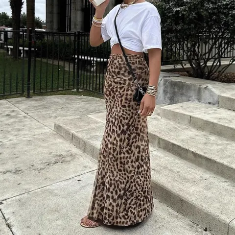 Damen Leopardenmuster Hohe Taille Maxirock Sexy Slim Fit Körpernah Sommer Langer Rock Elegant Mode Seitenschlitz Streetwear