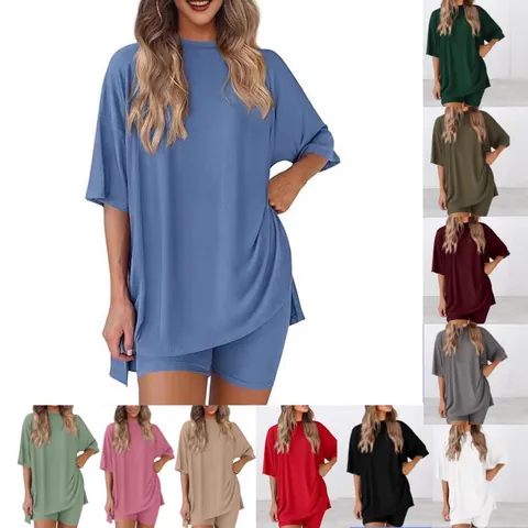 Conjunto Casual de Camiseta de Punto de Canalé y Pantalones Cortos de Ciclista para Mujer Talla Grande Parte Superior y Inferior Ropa de Descanso Verano