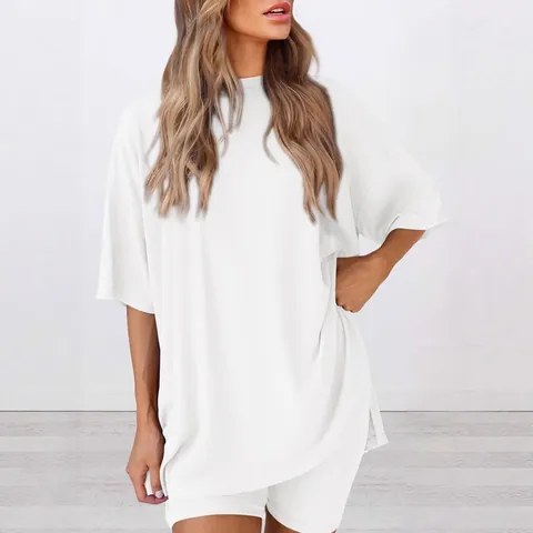 Conjunto Casual de Camiseta de Punto de Canalé y Pantalones Cortos de Ciclista para Mujer Talla Grande Parte Superior y Inferior Ropa de Descanso Verano