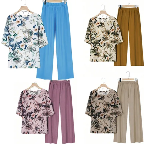 Damen Casual Plus Size Top Und Bottom Set Floral Bedrucktes Kurzarm Top Und Einfarbige Weite Hose Sommer Outfit