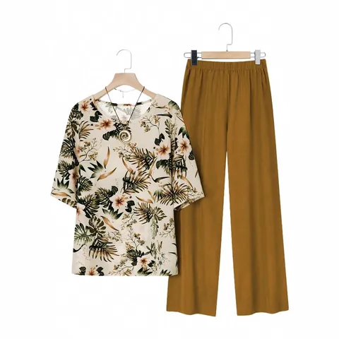 Damen Casual Plus Size Top Und Bottom Set Floral Bedrucktes Kurzarm Top Und Einfarbige Weite Hose Sommer Outfit
