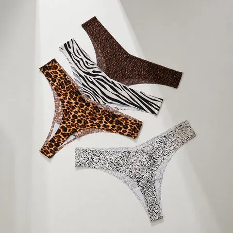 Women Sexy Seamless Ice Silk Thongs Animal Leopard Zebra Print Low Waist Breathable Lingerie T-Back Panties Underwear Fashion