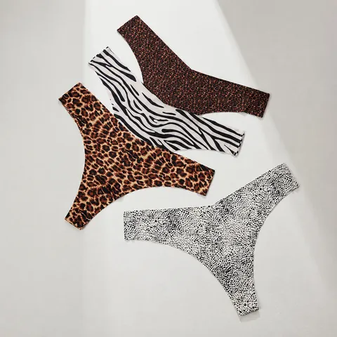 Women Sexy Seamless Ice Silk Thongs Animal Leopard Zebra Print Low Waist Breathable Lingerie T-Back Panties Underwear Fashion