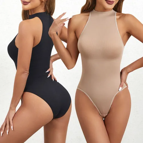 Women Sleeveless Ribbed Bodysuit Sexy Crew Neck Tummy Control Thong Shapewear Top With Snap Crotch Seamless Jumpsuit For Women