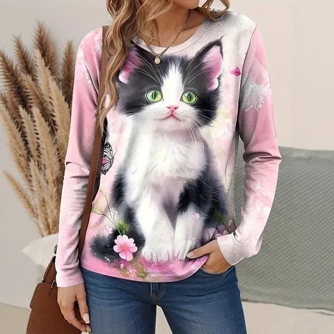 Γυναικείο Casual T-Shirt με Στρογγυλή Λαιμόκοψη Μακρύ Μανίκι 2025 Φθινόπωρο Μόδα Λουλούδια Ζώα Τυπωτό Τοπ Πουλόβερ Άνετο Καθημερινό Πολυεστέρας