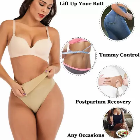 Women High Waist Shapewear Thong Tummy Control Butt Lifter Thin Seamless Body Shaper Panties With Fishbone Support Lingerie