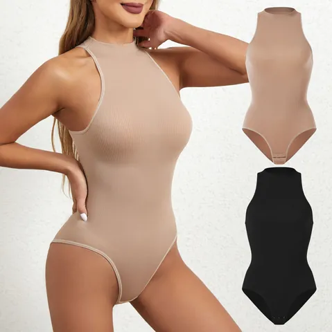 Women Sleeveless Ribbed Bodysuit Sexy Crew Neck Tummy Control Thong Shapewear Top With Snap Crotch Seamless Jumpsuit For Women