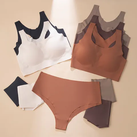 Women Seamless Ice Silk Wireless Bra Set Push Up Racerback Sports Bralette And Panty Two Piece Intimates Set Top And Bottom