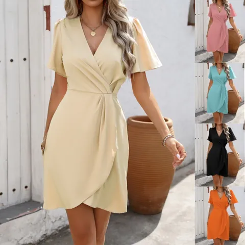 Women V-Neck Wrap Midi Dress Short Flutter Sleeve Tie Waist Pleated Solid Color Summer Casual Elegant Fashion Vacation Beach Party Dress