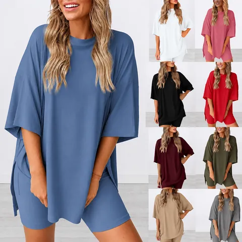 Women Casual Top And Bottom Viscose Polyester Ribbed Short Sleeve T-Shirt And Pocket Shorts Set Loose Loungewear Pajamas Sleepwear Outfit