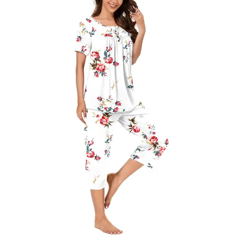 Women Casual Floral Print Loungewear Set Round Neck Button Short Sleeve Top And Bottom Comfortable Home Pajama Set For Women
