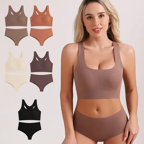 Damen Nahtloses Sport BH und Slip Racerback Bügellos Push-up Lingerie Nylon Elasthan Komfort Unterwäsche Top und Bottom