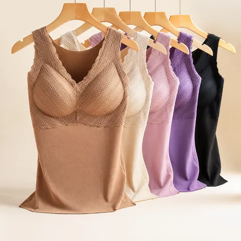 Thermo-Unterhemd für Damen Mit Integriertem BH Doppelseitig Gebürstet Nahtlos Camisole V-Ausschnitt Spitze Winter Warm Top
