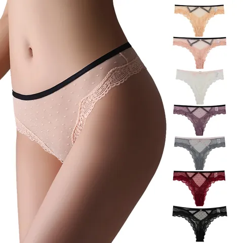 Women Sexy Lace Panties European Hollow Out Transparent Mesh Polka Dot Breathable Nylon Cotton Lingerie Mid Waist Underwear