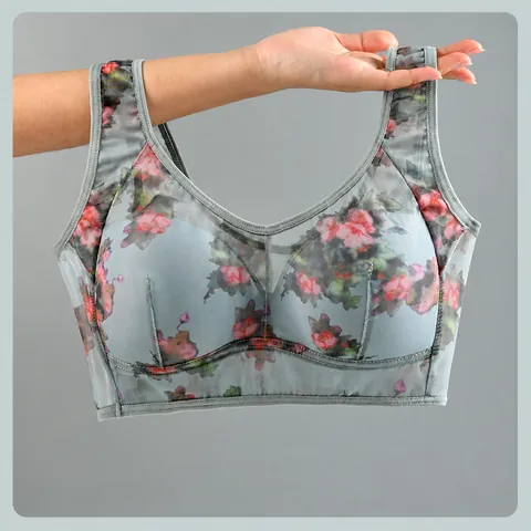 Women Senior Seamless Sports Bra Wire-free Floral Mesh Vest Underwear Comfortable Sleep Bra Senior Daily Top