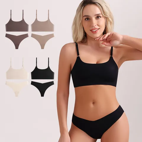 Women's Seamless Lingerie Set Underwire Vest Style Bra And Panty Set Breathable Gathered Slim Fit Solid Color Lingerie